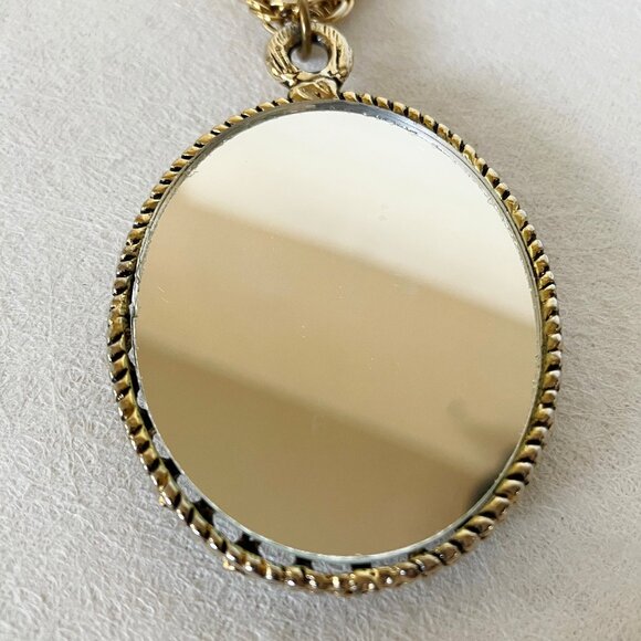 Rose Cameo Pendant Link Chain Necklace Ornate Gold Tone Metal Frame Mirror Back - Picture 5 of 10